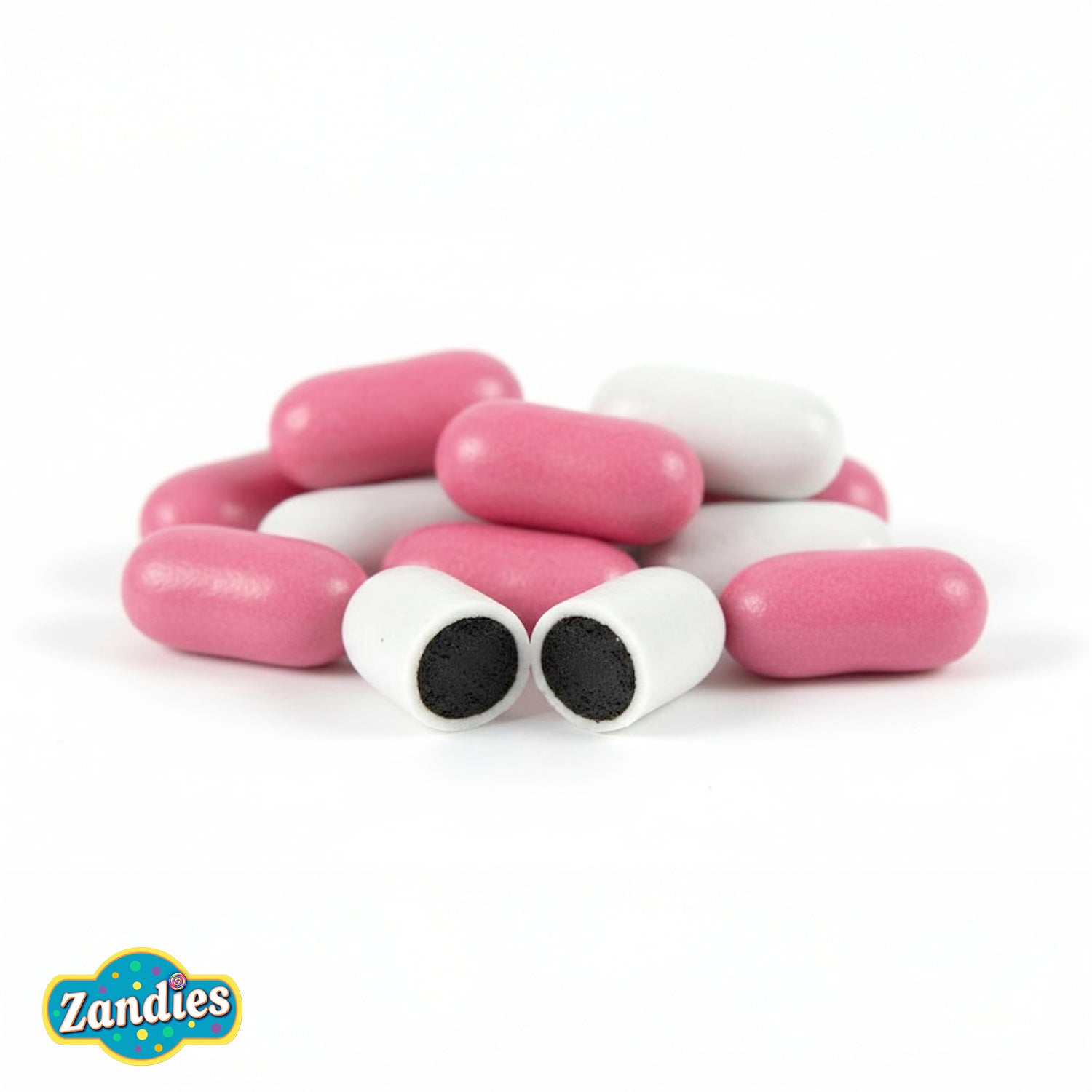 Pink and white candy with black centers on a white background, featuring the Zandies brand logo.