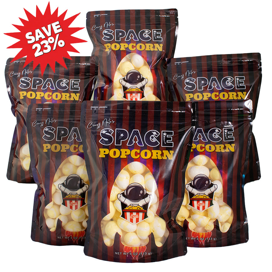 A 6-pack bundle of Zandies Space Popcorn bags with a Save 23% discount badge, ideal for party favors and bulk freeze-dried candy gifts.