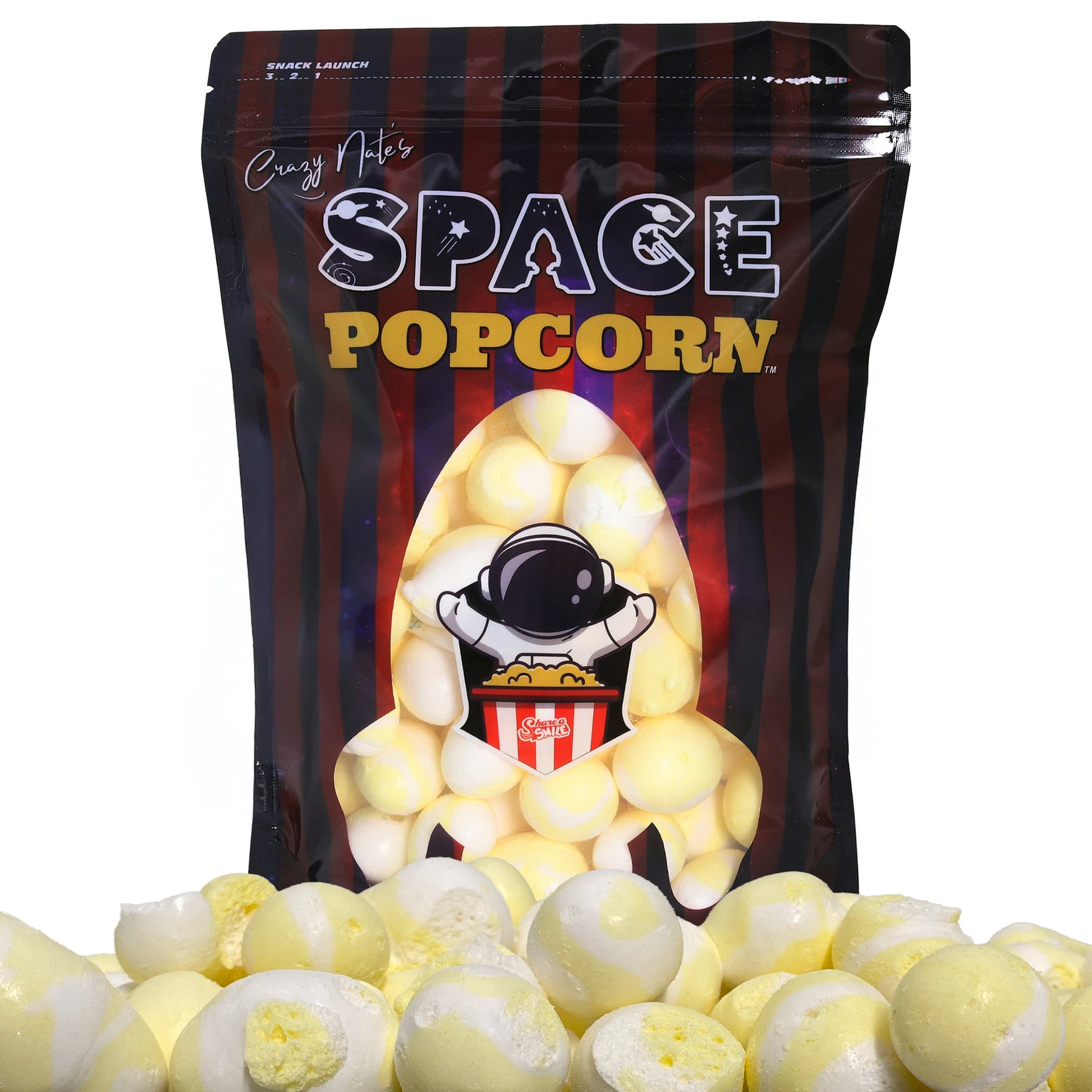 Zandies Space Popcorn - crunchy freeze-dried buttered popcorn flavored taffy in a space-themed resealable bag.