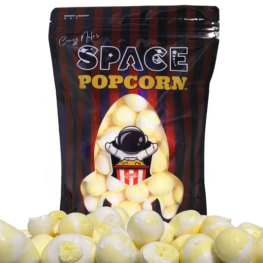 Zandies Space Popcorn - crunchy freeze-dried buttered popcorn flavored taffy in a space-themed resealable bag.